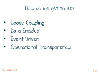 23
How do we get to 3.0?
•  Loose Coupling
•  Data Enabled
•  Event Driven
•  Operational Transparency
 