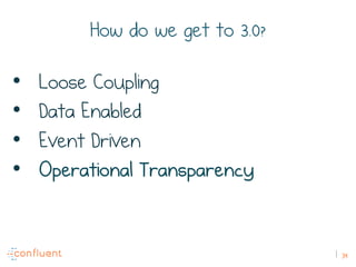 39
How do we get to 3.0?
•  Loose Coupling
•  Data Enabled
•  Event Driven
•  Operational Transparency
 