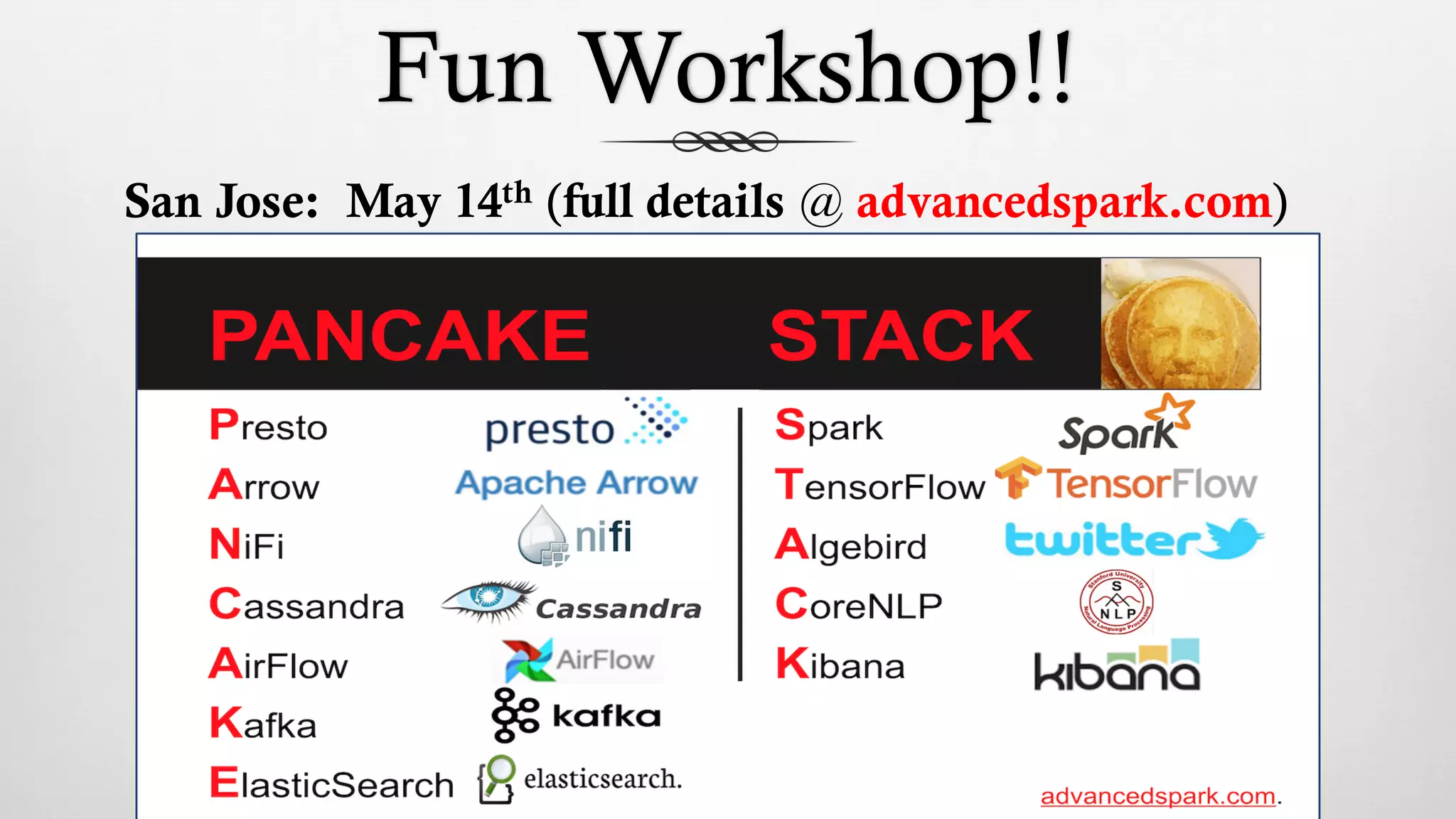 Fun Workshop!!
San Jose: May 14th (full details @ advancedspark.com)
 