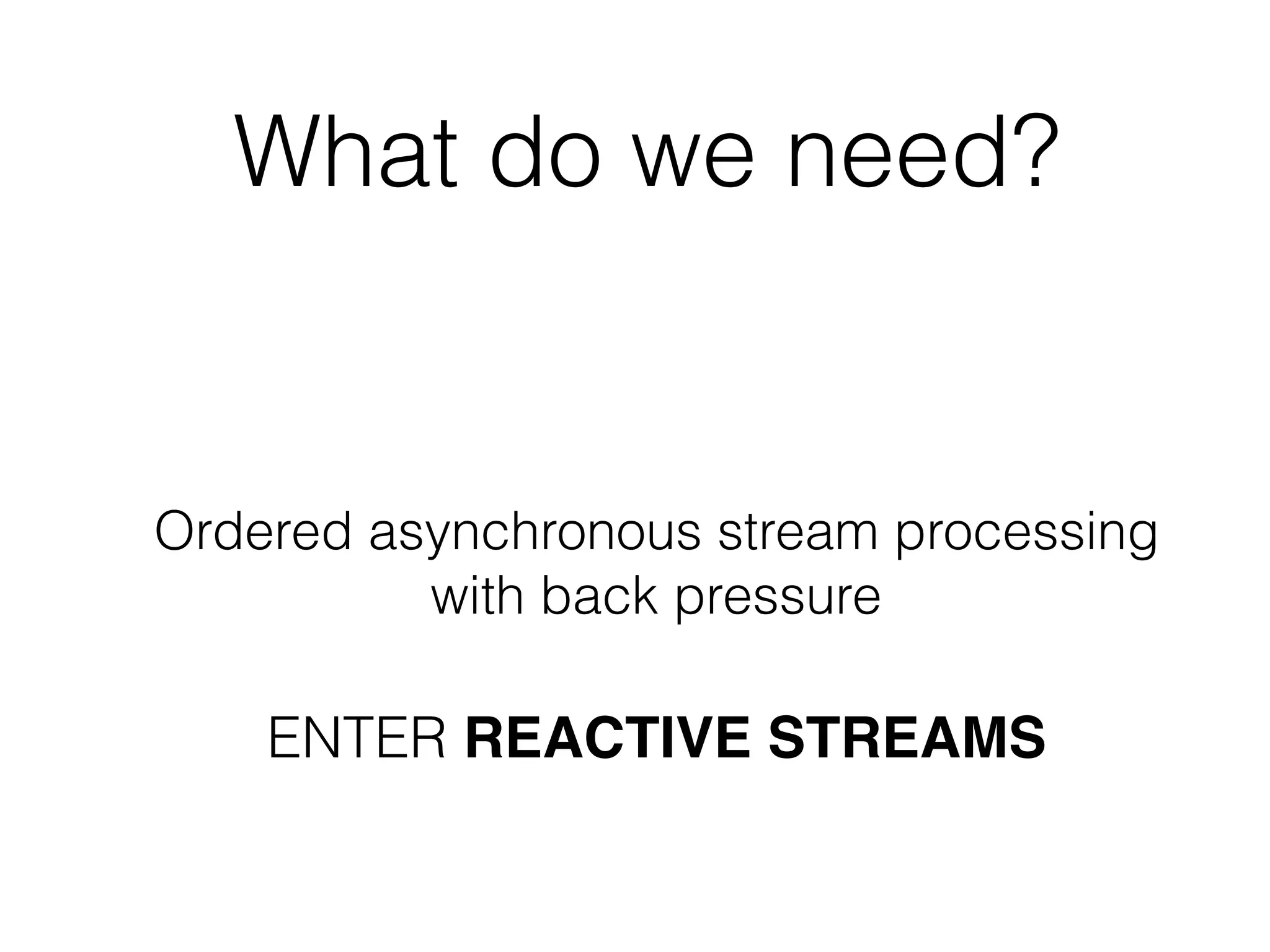 What do we need? Ordered asynchronous stream processing with back pressure ENTER REACTIVE STREAMS 