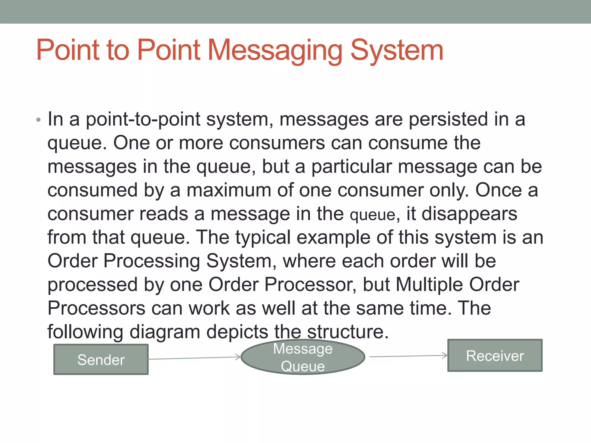 Point to Point Messaging System
• In a point-to-point system, messages are persisted in a
queue. One or more consumers can consume the
messages in the queue, but a particular message can be
consumed by a maximum of one consumer only. Once a
consumer reads a message in the queue, it disappears
from that queue. The typical example of this system is an
Order Processing System, where each order will be
processed by one Order Processor, but Multiple Order
Processors can work as well at the same time. The
following diagram depicts the structure.
Sender
Message
Queue
Receiver
 