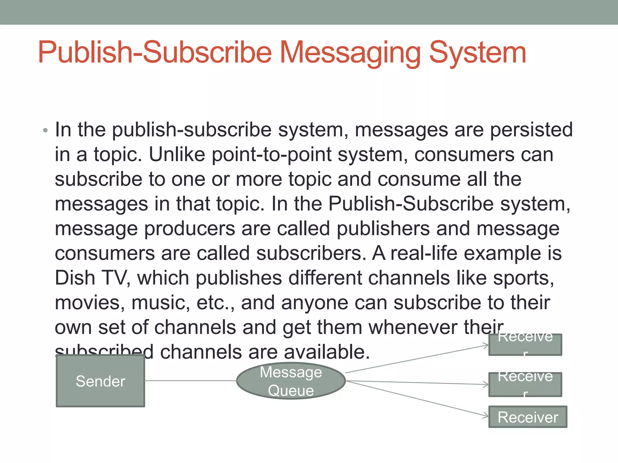 Publish-Subscribe Messaging System
• In the publish-subscribe system, messages are persisted
in a topic. Unlike point-to-point system, consumers can
subscribe to one or more topic and consume all the
messages in that topic. In the Publish-Subscribe system,
message producers are called publishers and message
consumers are called subscribers. A real-life example is
Dish TV, which publishes different channels like sports,
movies, music, etc., and anyone can subscribe to their
own set of channels and get them whenever their
subscribed channels are available.
Sender
Message
Queue
Receive
r
Receive
r
Receiver
 