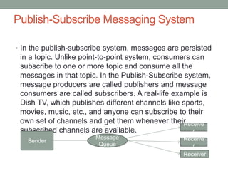 Publish-Subscribe Messaging System
• In the publish-subscribe system, messages are persisted
in a topic. Unlike point-to-point system, consumers can
subscribe to one or more topic and consume all the
messages in that topic. In the Publish-Subscribe system,
message producers are called publishers and message
consumers are called subscribers. A real-life example is
Dish TV, which publishes different channels like sports,
movies, music, etc., and anyone can subscribe to their
own set of channels and get them whenever their
subscribed channels are available.
Sender
Message
Queue
Receive
r
Receive
r
Receiver
 