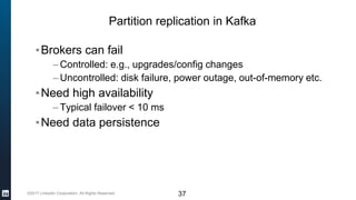 ©2017 LinkedIn Corporation. All Rights Reserved.
Partition replication in Kafka
▪Brokers can fail
– Controlled: e.g., upgrades/config changes
– Uncontrolled: disk failure, power outage, out-of-memory etc.
▪Need high availability
– Typical failover < 10 ms
▪Need data persistence
37
 