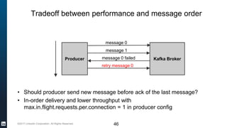 ©2017 LinkedIn Corporation. All Rights Reserved.
Tradeoff between performance and message order
46
• Should producer send new message before ack of the last message?
• In-order delivery and lower throughput with
max.in.flight.requests.per.connection = 1 in producer config
Kafka BrokerProducer
message 1
message 0 failed
retry message 0
message 0
 