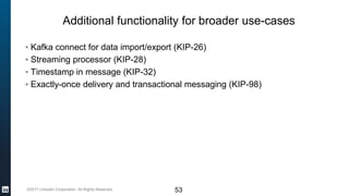 ©2017 LinkedIn Corporation. All Rights Reserved.
Additional functionality for broader use-cases
▪ Kafka connect for data import/export (KIP-26)
▪ Streaming processor (KIP-28)
▪ Timestamp in message (KIP-32)
▪ Exactly-once delivery and transactional messaging (KIP-98)
53
 