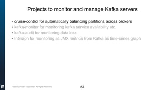 ©2017 LinkedIn Corporation. All Rights Reserved.
Projects to monitor and manage Kafka servers
▪ cruise-control for automatically balancing partitions across brokers
▪ kafka-monitor for monitoring kafka service availability etc.
▪ kafka-audit for monitoring data loss
▪ InGraph for monitoring all JMX metrics from Kafka as time-series graph
57
 