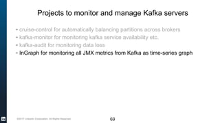 ©2017 LinkedIn Corporation. All Rights Reserved.
Projects to monitor and manage Kafka servers
▪ cruise-control for automatically balancing partitions across brokers
▪ kafka-monitor for monitoring kafka service availability etc.
▪ kafka-audit for monitoring data loss
▪ InGraph for monitoring all JMX metrics from Kafka as time-series graph
69
 