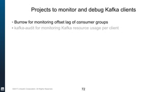 ©2017 LinkedIn Corporation. All Rights Reserved.
Projects to monitor and debug Kafka clients
▪ Burrow for monitoring offset lag of consumer groups
▪ kafka-audit for monitoring Kafka resource usage per client
72
 