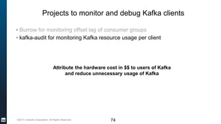 ©2017 LinkedIn Corporation. All Rights Reserved.
Projects to monitor and debug Kafka clients
▪ Burrow for monitoring offset lag of consumer groups
▪ kafka-audit for monitoring Kafka resource usage per client
74
Attribute the hardware cost in $$ to users of Kafka
and reduce unnecessary usage of Kafka
 