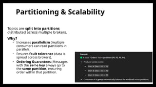 Partitioning & Scalability
Topics are split into partitions
distributed across multiple brokers.
Why?
• Increases parallelism (multiple
consumers can read partitions in
parallel).
• Ensures fault tolerance (data is
spread across brokers).
• Ordering Guarantees: Messages
with the same key always go to
the same partition, ensuring
order within that partition.
 