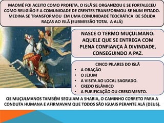 MAOMÉ FOI ACEITO COMO PROFETA, O ISLÃ SE ORGANIZOU E SE FORTALECEU 
COMO RELIGIÃO E A COMUNIDADE DE CRENTES TRANSFORMOU-SE NUM ESTADO. 
MEDINA SE TRANSFORMOU EM UMA COMUNIDADE TEOCRÁTICA DE SÓLIDA 
RAÇAS AO ISLÃ (SUBMISSÃO TOTAL A ALÁ) 
NASCE O TERMO MUÇULMANO: 
AQUELE QUE SE ENTREGA COM 
PLENA CONFIANÇA À DIVINDADE, 
CONSEGUINDO A PAZ. 
CINCO PILARES DO ISLÃ 
• A ORAÇÃO 
• O JEJUM 
• A VISITA AO LOCAL SAGRADO. 
• CREDO ISLÂMICO 
• A PURIFICAÇÃO OU CRESCIMENTO. 
OS MUÇULMANOS TAMBÉM SEGUIAM A SHARIA, O CAMINHO CORRETO PARA A 
CONDUTA HUMANA E AFIRMAVAM QUE TODOS SÃO IGUAIS PERANTE ALÁ (DEUS). 
 