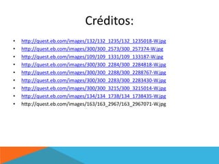 Créditos: 
• http://quest.eb.com/images/132/132_1235/132_1235018-W.jpg 
• http://quest.eb.com/images/300/300_2573/300_257374-W.jpg 
• http://quest.eb.com/images/109/109_1331/109_133187-W.jpg 
• http://quest.eb.com/images/300/300_2284/300_2284818-W.jpg 
• http://quest.eb.com/images/300/300_2288/300_2288767-W.jpg 
• http://quest.eb.com/images/300/300_2283/300_2283430-W.jpg 
• http://quest.eb.com/images/300/300_3215/300_3215014-W.jpg 
• http://quest.eb.com/images/134/134_1738/134_1738435-W.jpg 
• http://quest.eb.com/images/163/163_2967/163_2967071-W.jpg 
