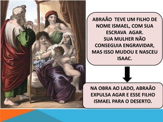ABRAÃO TEVE UM FILHO DE 
NOME ISMAEL, COM SUA 
ESCRAVA AGAR. 
SUA MULHER NÃO 
CONSEGUIA ENGRAVIDAR, 
MAS ISSO MUDOU E NASCEU 
ISAAC. 
NA OBRA AO LADO, ABRAÃO 
EXPULSA AGAR E ESSE FILHO 
ISMAEL PARA O DESERTO. 
 