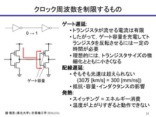 クロック周波数を制限するもの
21鏡 慎吾 (東北大学): 計算機工学 2016 (11)
0 → 1
ゲート容量
ゲート遅延:
• トランジスタが流せる電流は有限
• したがって，ゲート容量を充電してト
ランジスタを反転させるには一定の
時間が必要
• 理想的には，トランジスタサイズの微
細化とともに小さくなる
配線遅延:
• そもそも光速は超えられない
(30万 [km/s] = 300 [mm/ns])
• 抵抗・容量・インダクタンスの影響
発熱:
• スイッチング = エネルギー消費
• 温度が上がりすぎると動作できない
 