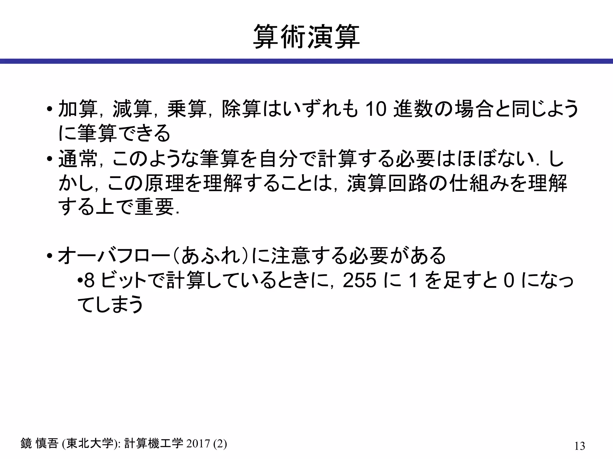 13鏡 慎吾 (東北大学): 計算機工学 2017 (2)
算術演算
• 加算，減算，乗算，除算はいずれも 10 進数の場合と同じよう
に筆算できる
• 通常，このような筆算を自分で計算する必要はほぼない．し
かし，この原理を理解することは，演算回路の仕組みを理解
する上で重要．
• オーバフロー（あふれ）に注意する必要がある
•8 ビットで計算しているときに，255 に 1 を足すと 0 になっ
てしまう
 
