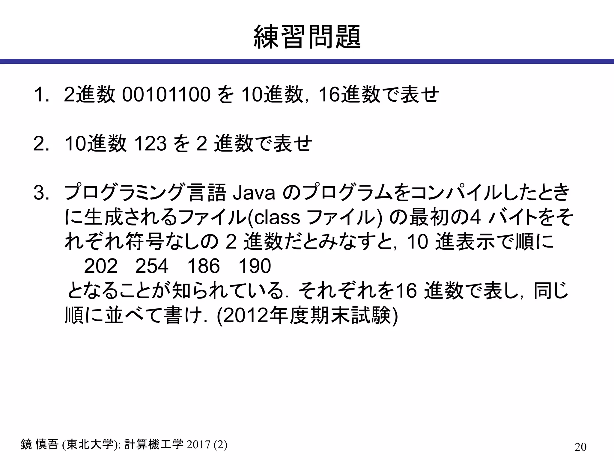 20鏡 慎吾 (東北大学): 計算機工学 2017 (2)
練習問題
1. 2進数 00101100 を 10進数，16進数で表せ
2. 10進数 123 を 2 進数で表せ
3. プログラミング言語 Java のプログラムをコンパイルしたとき
に生成されるファイル(class ファイル) の最初の4 バイトをそ
れぞれ符号なしの 2 進数だとみなすと，10 進表示で順に
202 254 186 190
となることが知られている．それぞれを16 進数で表し，同じ
順に並べて書け．(2012年度期末試験)
 