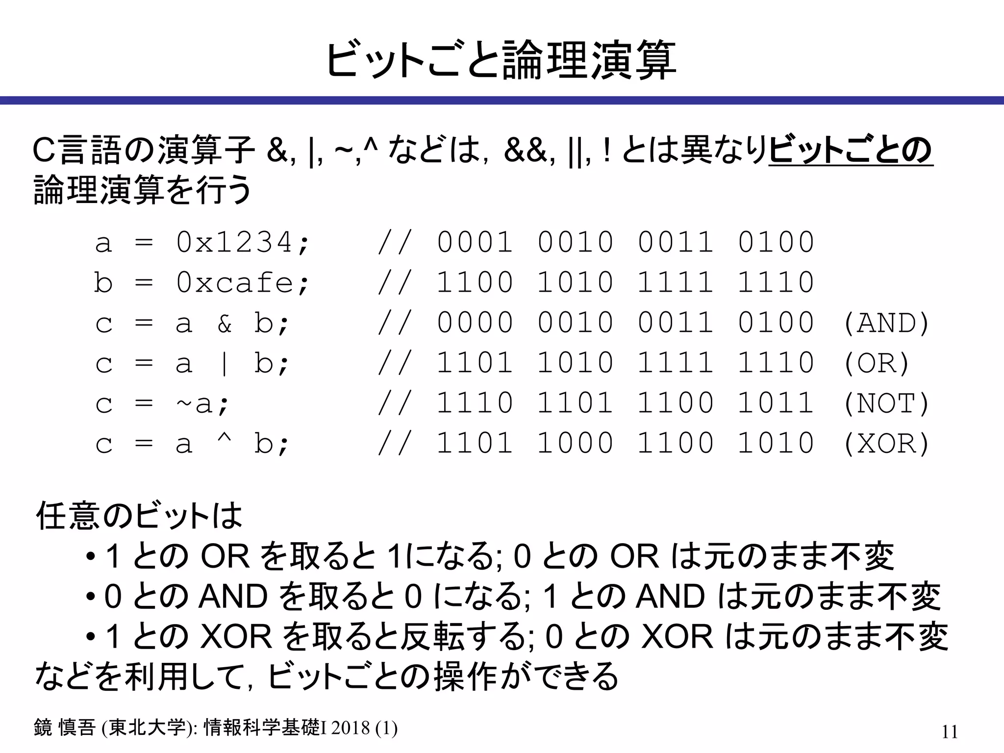 11鏡 慎吾 (東北大学): 情報科学基礎I 2018 (1)
ビットごと論理演算
C言語の演算子 &, |, ~,^ などは，&&, ||, ! とは異なりビットごとの
論理演算を行う
a = 0x1234; // 0001 0010 0011 0100
b = 0xcafe; // 1100 1010 1111 1110
c = a & b; // 0000 0010 0011 0100 (AND)
c = a | b; // 1101 1010 1111 1110 (OR)
c = ~a; // 1110 1101 1100 1011 (NOT)
c = a ^ b; // 1101 1000 1100 1010 (XOR)
任意のビットは
• 1 との OR を取ると 1になる; 0 との OR は元のまま不変
• 0 との AND を取ると 0 になる; 1 との AND は元のまま不変
• 1 との XOR を取ると反転する; 0 との XOR は元のまま不変
などを利用して，ビットごとの操作ができる
 