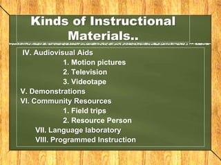Kinds of Instructional
Materials..
IV. Audiovisual Aids
1. Motion pictures
2. Television
3. Videotape
V. Demonstrations
VI. Community Resources
1. Field trips
2. Resource Person
VII. Language laboratory
VIII. Programmed Instruction
 