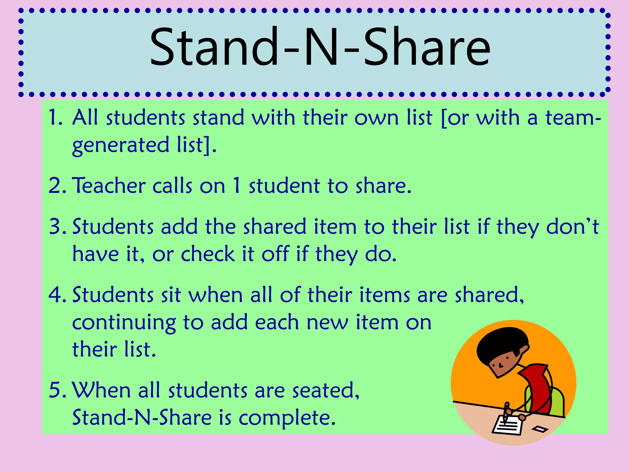 1. All students stand with their own list [or with a team-
generated list].
2. Teacher calls on 1 student to share.
3. Students add the shared item to their list if they don’t
have it, or check it off if they do.
4. Students sit when all of their items are shared,
continuing to add each new item on
their list.
5. When all students are seated,
Stand-N-Share is complete.
Stand-N-Share
 