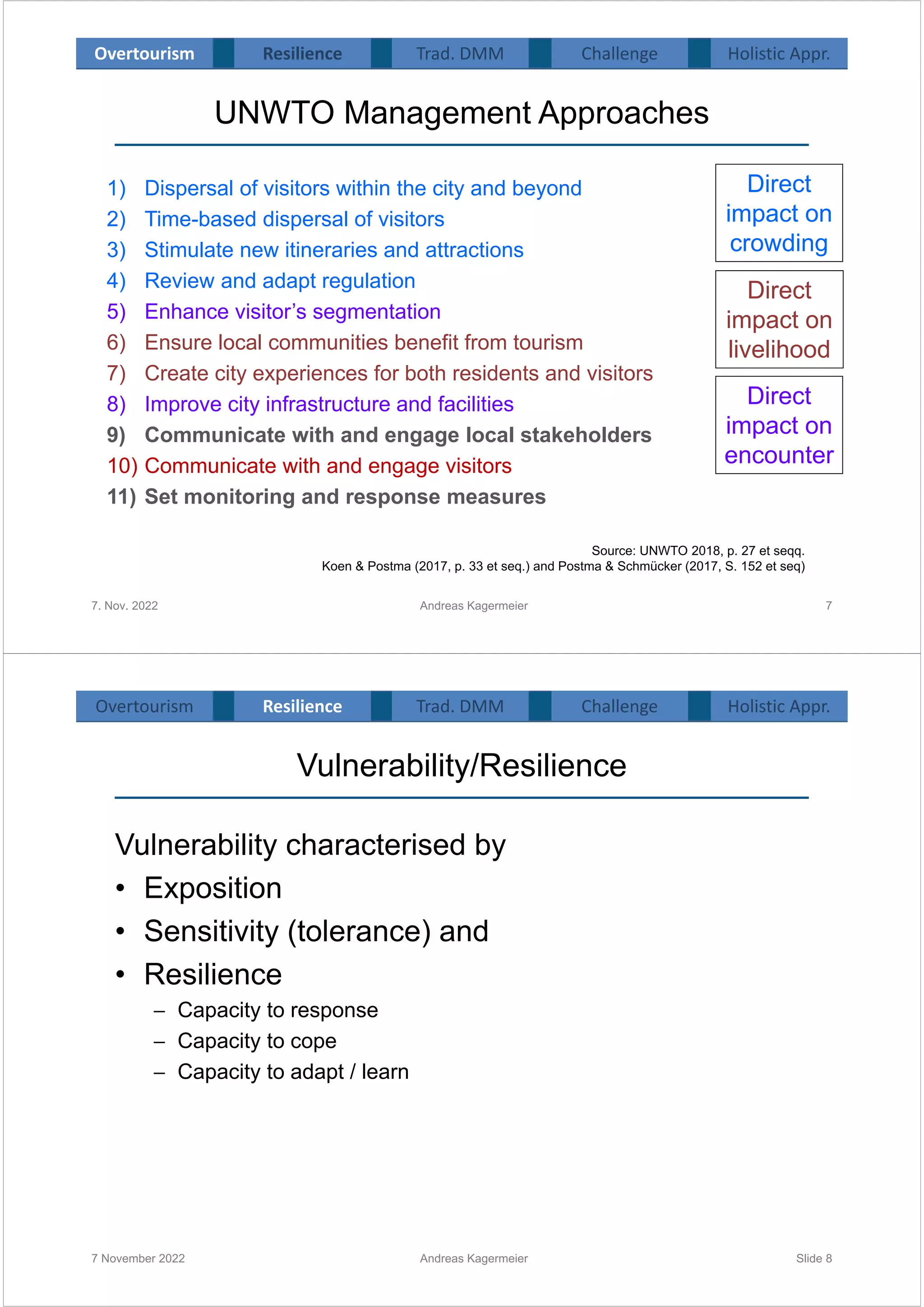 1) Dispersal of visitors within the city and beyond
2) Time-based dispersal of visitors
3) Stimulate new itineraries and attractions
4) Review and adapt regulation
5) Enhance visitor’s segmentation
6) Ensure local communities benefit from tourism
7) Create city experiences for both residents and visitors
8) Improve city infrastructure and facilities
9) Communicate with and engage local stakeholders
10) Communicate with and engage visitors
11) Set monitoring and response measures

Source: UNWTO 2018, p. 27 et seqq.
Koen & Postma (2017, p. 33 et seq.) and Postma & Schmücker (2017, S. 152 et seq)
7. Nov. 2022
UNWTO Management Approaches
Direct
impact on
crowding
Direct
impact on
encounter
Direct
impact on
livelihood
7
Overtourism Resilience Challenge Holistic Appr.
Trad. DMM
Andreas Kagermeier
Vulnerability/Resilience
Vulnerability characterised by
• Exposition
• Sensitivity (tolerance) and
• Resilience
− Capacity to response
− Capacity to cope
− Capacity to adapt / learn
7 November 2022 Andreas Kagermeier Slide 8
Overtourism Resilience Challenge Holistic Appr.
Trad. DMM
 