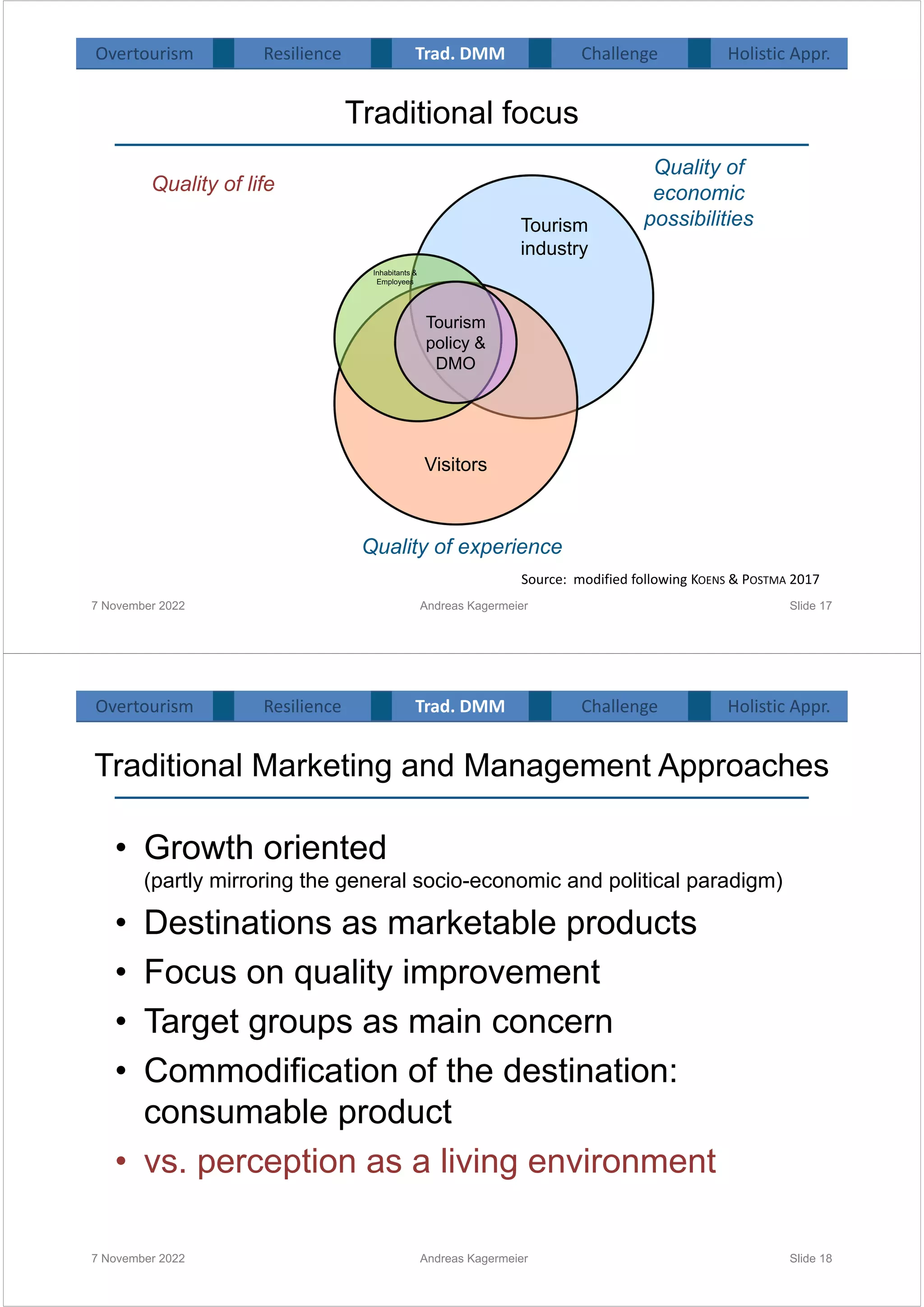 Traditional focus
7 November 2022 Andreas Kagermeier Slide 17
Tourism
industry
Visitors
Inhabitants &
Employees
Quality of
economic
possibilities
Quality of life
Quality of experience
Tourism
policy &
DMO
Source: modified following KOENS & POSTMA 2017
Overtourism Resilience Challenge Holistic Appr.
Trad. DMM
Traditional Marketing and Management Approaches
• Growth oriented
(partly mirroring the general socio-economic and political paradigm)
• Destinations as marketable products
• Focus on quality improvement
• Target groups as main concern
• Commodification of the destination:
consumable product
• vs. perception as a living environment
7 November 2022 Andreas Kagermeier Slide 18
Overtourism Resilience Challenge Holistic Appr.
Trad. DMM
 