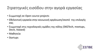 • Συμμετοχή σε Open source projects
• Εθελοντική εργασία στην κοινωνική οργάνωση/σκοπό της επιλογής
σας
• Συμμετοχή στις τεχνολογικές ομάδες της πόλης (SKGTech, meetups,
Devit, Voxxed)
• Μαθητεία
• Startups
Στρατηγικές εισόδου στην αγορά εργασίας
 