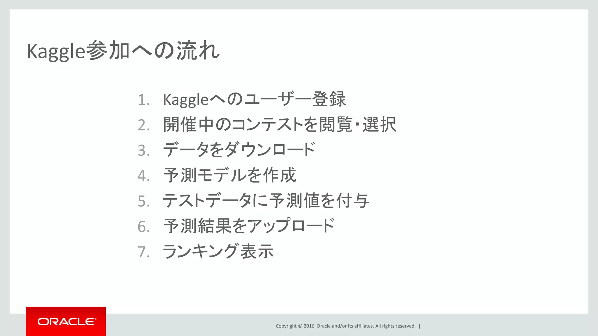 Copyright © 2016, Oracle and/or its affiliates. All rights reserved. |
Kaggle参加への流れ
1. Kaggleへのユーザー登録
2. 開催中のコンテストを閲覧・選択
3. データをダウンロード
4. 予測モデルを作成
5. テストデータに予測値を付与
6. 予測結果をアップロード
7. ランキング表示
 