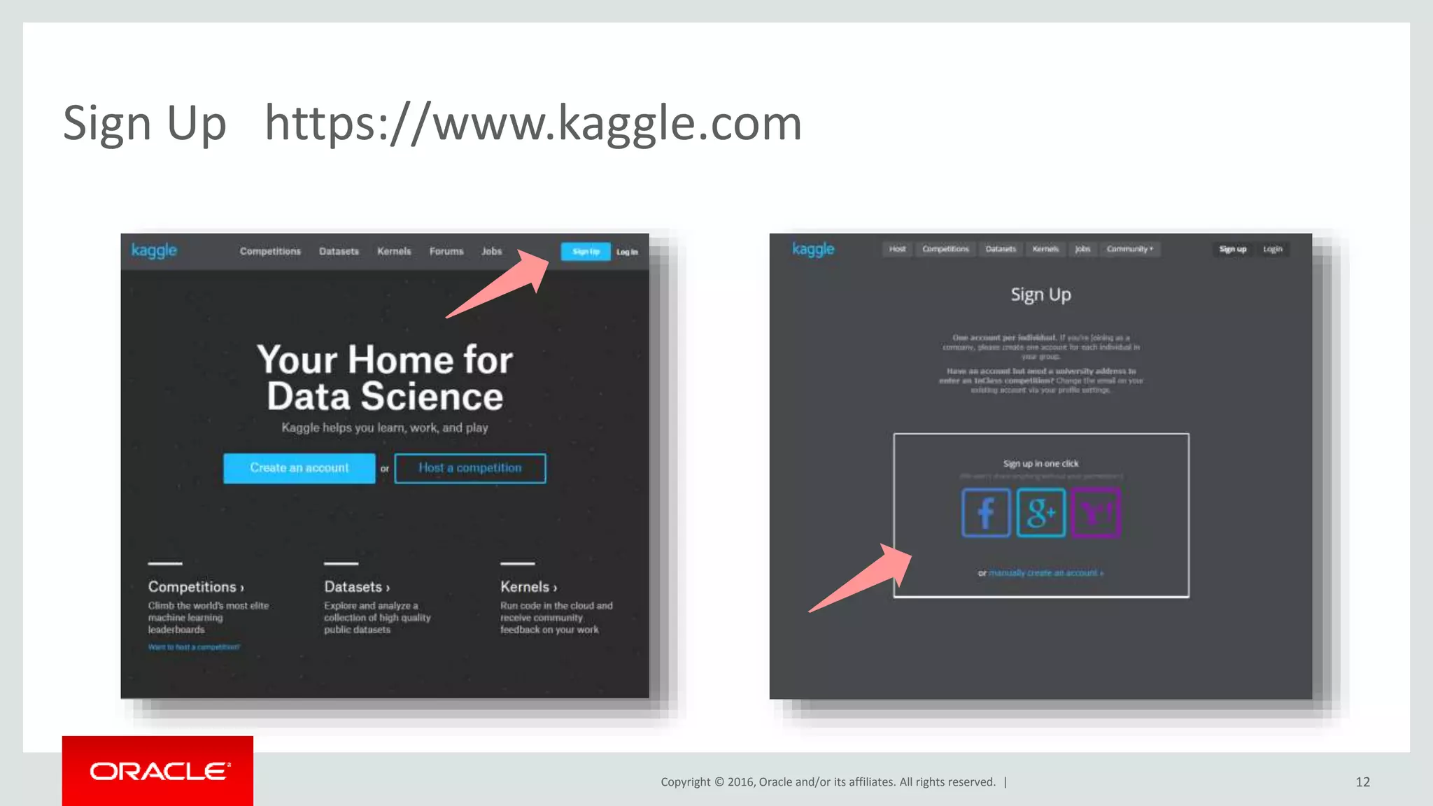 Copyright © 2016, Oracle and/or its affiliates. All rights reserved. |
Sign Up https://www.kaggle.com
12
 