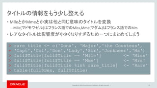 Copyright © 2016, Oracle and/or its affiliates. All rights reserved. |
寄り道コマンド解説
• full$TitleはfullデータフレームのTitle列を表す
– 元々Title列はfullにないため、新規にTitle列がfullに作成される
• full$Title <- XXXによって、fullのTitle列にXXXを代入
• gsubは一括置換した結果を返すコマンド
– 似たものにsubがあるがこちらは単一置換した結果を返すコマンド
• gsub(PATTERN, REPLACEMENT, X)
– Xの中でPATTERNに当てはまるものをREPLACEMENTに置き換える
– Full$Nameの中で(.*, )または(..*)に当てはまるものを消す
• ''は空文字に置換して消している
22
> full$Title <- gsub('(.*, )|(..*)','',full$Name)
 