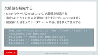 Copyright © 2016, Oracle and/or its affiliates. All rights reserved. | 27
グラフの出力結果の確認
> base3 <- ggplot(full[1:891,],
+ aes(x = Deck, fill = factor(Survived)))
> base3 + geom_bar(position='dodge')
> base1 <- ggplot(full[1:891,],
+ aes(x = Familysize, fill = factor(Survived)))
> base1 + geom_bar(position='dodge')
> base2 <- ggplot(full[1:891,],
+ aes(x = Title, fill = factor(Survived)))
> base2 + geom_bar(position='dodge')
 