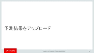 Copyright © 2016, Oracle and/or its affiliates. All rights reserved. |
決定木
• データの特徴量から簡単なルールで分岐を作り判別や回帰モデルを作る
• ジニ係数やエントロピーに基づいて分割
34
𝑃(𝐵) 𝑃(𝐵 𝐶
)
𝐵 𝐵 𝐶
𝑃 𝐴 𝐵 𝑃 𝐴 𝐶 𝐵
𝐴 ∩ 𝐵 𝐴 𝐶 ∩ 𝐵
性別=男性
男性 女性
40歳以上 40歳未満
男性
40以上
男性
40未満
性別=男性じゃない(女性)
 