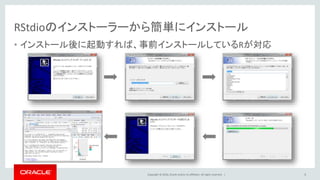 Copyright © 2016, Oracle and/or its affiliates. All rights reserved. |
RStudioのインストーラーから簡単にインストール
• インストール後に起動すれば、事前インストールしているRが対応
5
 