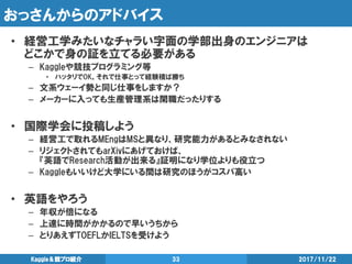 おっさんからのアドバイス
• 経営工学みたいなチャラい字面の学部出身のエンジニアは
どこかで身の証を立てる必要がある
– Kaggleや競技プログラミング等
• ハッタリでOK。それで仕事とって経験積ば勝ち
– 文系ウェーイ勢と同じ仕事をしますか？
– メーカーに入っても生産管理系は閑職だったりする
• 国際学会に投稿しよう
– 経営工で取れるMEngはMSと異なり、研究能力があるとみなされない
– リジェクトされてもarXivにあげておけば、
『英語でResearch活動が出来る』証明になり学位よりも役立つ
– Kaggleもいいけど大学にいる間は研究のほうがコスパ高い
• 英語をやろう
– 年収が倍になる
– 上達に時間がかかるので早いうちから
– とりあえずTOEFLかIELTSを受けよう
2017/11/22Kaggle＆競プロ紹介 33
 
