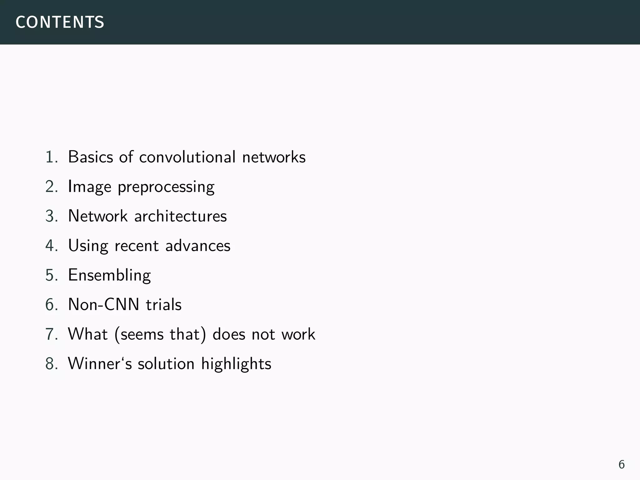 convolutional networks
CNNs are state-of-art in such ﬁelds of image recognition as:3
:
 – Object Image Classiﬁcation
 – Scene Image Classiﬁcation
 – Action Image Classiﬁcation
 – Object Detection
 – Semantic Segmentation
 – Fine-grained Recognition
 – Attribute Detection
 – Metric Learning
 – Instance Retrieval (almost).
3beat classic computer vision methods in 19 datasets out of 20
http://www.csc.kth.se/cvap/cvg/DL/ots/
6
 