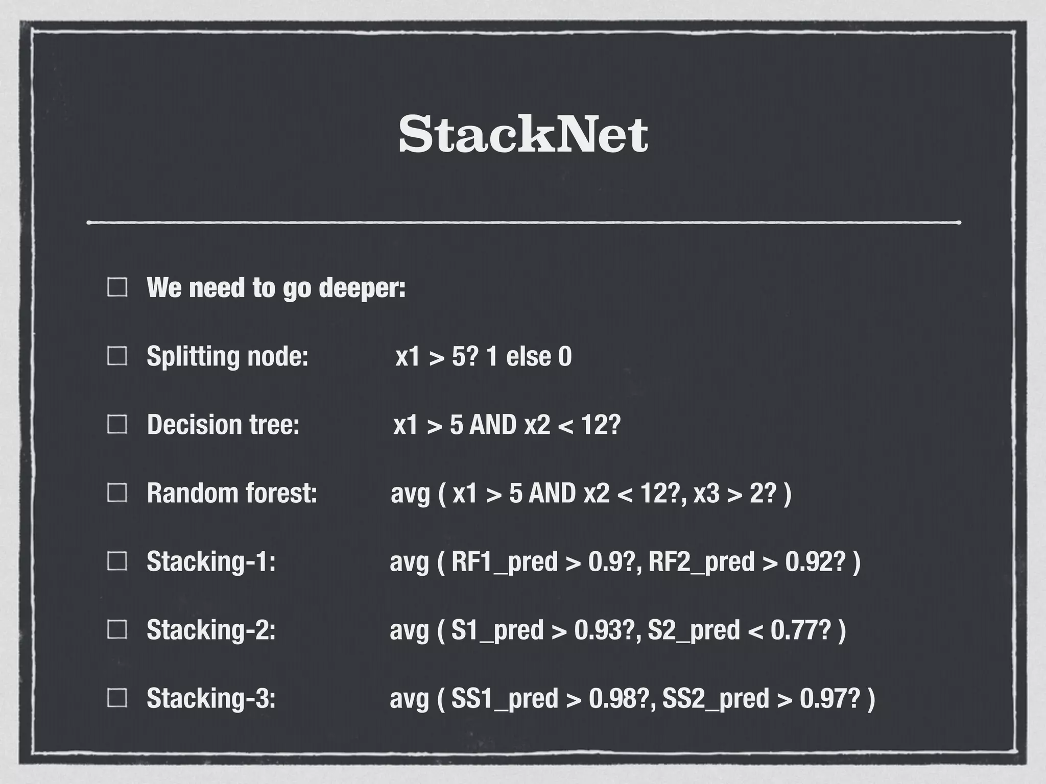 StackNet
We need to go deeper:
Splitting node: x1 > 5? 1 else 0
Decision tree: x1 > 5 AND x2 < 12?
Random forest: avg ( x1 > 5 AND x2 < 12?, x3 > 2? )
Stacking-1: avg ( RF1_pred > 0.9?, RF2_pred > 0.92? )
Stacking-2: avg ( S1_pred > 0.93?, S2_pred < 0.77? )
Stacking-3: avg ( SS1_pred > 0.98?, SS2_pred > 0.97? )
 