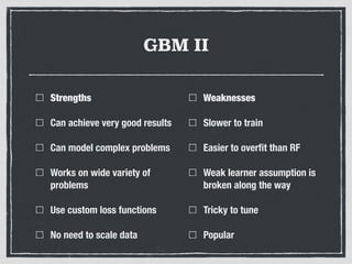 GBM II
Strengths
Can achieve very good results
Can model complex problems
Works on wide variety of
problems
Use custom loss functions
No need to scale data
Weaknesses
Slower to train
Easier to overﬁt than RF
Weak learner assumption is
broken along the way
Tricky to tune
Popular
 