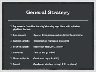 General Strategy
Try to create “machine learning”-learning algorithms with optimized
pipelines that are:
Data agnostic (Sparse, dense, missing values, larger than memory)
Problem agnostic (Classiﬁcation, regression, clustering)
Solution agnostic (Production-ready, PoC, latency)
Automated (Turn on and go to bed)
Memory-friendly (Don’t want to pay for AWS)
Robust (Good generalization, concept drift, consistent)
 