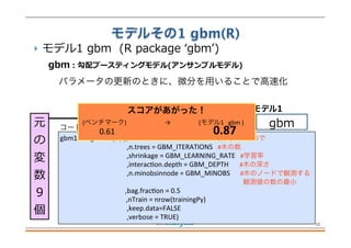 モデルその1 gbm(R)
 モデル1  gbm    (R  package  ʻ‘gbmʼ’)
12
元
の
変
数
9 　 　
個
gbm
モデル1
gbm
:  勾配ブースティングモデル(アンサンブルモデル)
パラメータの更新のときに、微分を用いることで高速化
コードはこんな感じ
gbm10	
  <-­‐	
  gbm.ﬁt(x	
  ,	
  y,distribuFon	
  ="bernoulli"	
  	
  	
  	
  	
  	
  	
  	
  #(0,1)予測なので
	
   	
   	
  	
  	
  	
  ,n.trees	
  =	
  GBM_ITERATIONS	
  	
  	
  #木の数
	
   	
   	
  	
  	
  	
  ,shrinkage	
  =	
  GBM_LEARNING_RATE	
  	
  	
  #学習率
	
   	
   	
  	
  	
  	
  ,interacFon.depth	
  =	
  GBM_DEPTH	
  	
   #木の深さ
	
   	
   	
  	
  	
  	
  ,n.minobsinnode	
  =	
  GBM_MINOBS	
  	
  	
  	
  	
  	
  #木のノードで観測する
                           	
  	
  観測値の数の最小
	
   	
   	
  	
  	
  ,bag.fracFon	
  =	
  0.5
	
  	
  	
  	
  	
  	
  	
  	
  	
  	
  	
  	
  	
  	
  	
  	
  	
  	
  	
  ,nTrain	
  =	
  nrow(trainingPy)
	
   	
   	
  	
  	
  	
  ,keep.data=FALSE
	
   	
   	
  	
  	
  	
  ,verbose	
  =	
  TRUE)
スコアがあがった！
	
  	
  (ベンチマーク)	
  	
  	
  	
  	
  	
  	
  	
  	
  	
  	
     	
  →  	
    (モデル1	
  	
  	
  gbm	
  )
	
  	
  	
  	
  	
  	
  	
  	
  	
  	
  0.61	
             0.87	
  	
  	
  	
  	
  	
  	
  
 