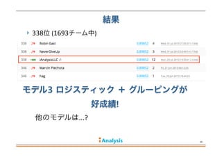 結果
 338位	
  (1693チーム中)
15
他のモデルは...?
モデル3 ロジスティック ＋ グルーピングが
好成績!
 