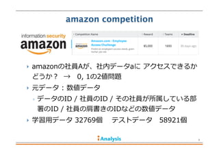 amazon competition
 amazonの社員Aが、社内データaに  アクセスできるか
どうか？    → 　0,  1の2値問題
 元データ  :  数値データ
◦ データのID  /  社員のID  /  その社員が所属している部
署のID  /  社員の肩書きのIDなどの数値データ
 学習⽤用データ  32769個        テストデータ      58921個
7
 