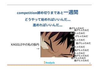 8
competition締め切りまであと一週間
どうやって始めればいいんだ....
進めればいいんだ....
KAGGLE中の私の脳内
→
逃げちゃだめだ
逃げちゃだめだ
逃げちゃだめだ
逃げちゃだめだ
逃げちゃだめだ
逃げちゃだめだ
逃げちゃだめだ
逃げちゃだめだ
逃げちゃだめだ
逃げちゃだめだ
逃げちゃだめだ
逃げちゃだめだ
 
