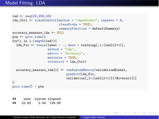 Model Fitting: LDA
ind - seq(10,100,10)
lda_Ctrl - trainControl(method = repeatedcv, repeats = 3,
classProbs = TRUE,
summaryFunction = defaultSummary)
accuracy_measure_lda - NULL
ptm - proc.time()
for(i in 1:length(ind)){
lda_Fit - train(label ~ ., data = training[,1:(ind[i]+1)],
method = lda,
metric = Accuracy,
maximize = TRUE,
trControl = lda_Ctrl)
accuracy_measure_lda[i] - confusionMatrix(validation$label,
predict(lda_Fit,
validation[,2:(ind[i]+1)]))$overall[1]
}
proc.time() - ptm
## user system elapsed
## 22.83 2.44 129.86
Zachary Combs, Philip Remmele, M.S. Data Science Candidates Kaggle Digits Analysis
 