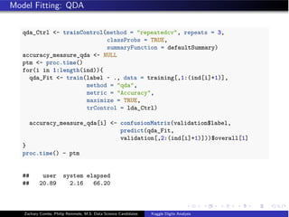 Model Fitting: QDA
qda_Ctrl - trainControl(method = repeatedcv, repeats = 3,
classProbs = TRUE,
summaryFunction = defaultSummary)
accuracy_measure_qda - NULL
ptm - proc.time()
for(i in 1:length(ind)){
qda_Fit - train(label ~ ., data = training[,1:(ind[i]+1)],
method = qda,
metric = Accuracy,
maximize = TRUE,
trControl = lda_Ctrl)
accuracy_measure_qda[i] - confusionMatrix(validation$label,
predict(qda_Fit,
validation[,2:(ind[i]+1)]))$overall[1]
}
proc.time() - ptm
## user system elapsed
## 20.89 2.16 66.20
Zachary Combs, Philip Remmele, M.S. Data Science Candidates Kaggle Digits Analysis
 