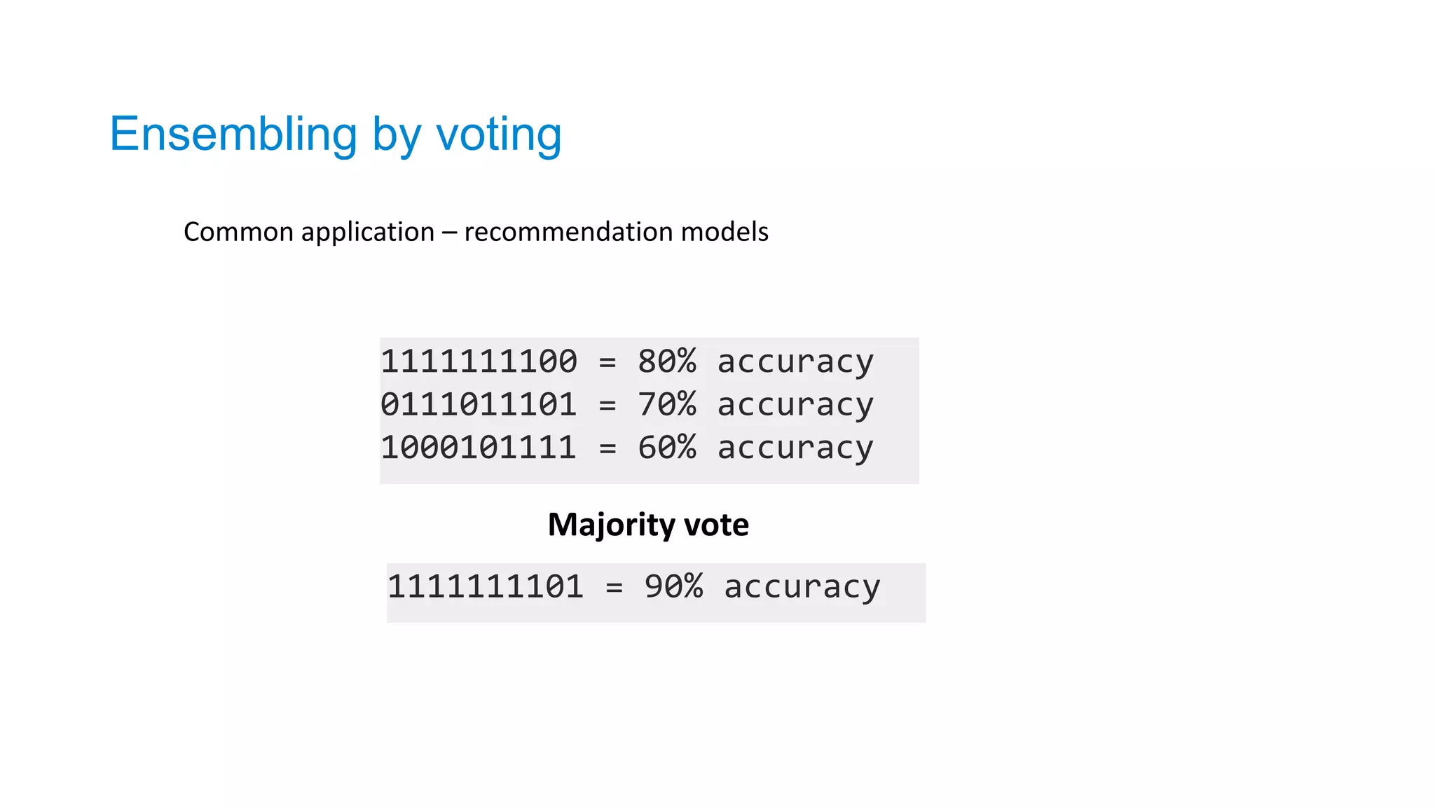 Ensembling by voting
1111111100 = 80% accuracy
0111011101 = 70% accuracy
1000101111 = 60% accuracy
Majority vote
1111111101 = 90% accuracy
Common application – recommendation models
 