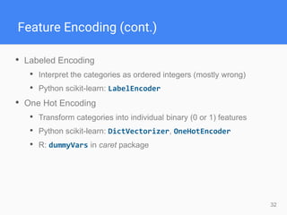 32
Feature Encoding (cont.)
• Labeled Encoding
• Interpret the categories as ordered integers (mostly wrong)
• Python scikit-learn: LabelEncoder
• One Hot Encoding
• Transform categories into individual binary (0 or 1) features
• Python scikit-learn: DictVectorizer, OneHotEncoder
• R: dummyVars in caret package
 