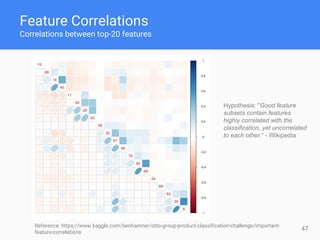 47
Feature Correlations
Correlations between top-20 features
Reference: https://www.kaggle.com/benhamner/otto-group-product-classification-challenge/important-
feature-correlations
Hypothesis: "Good feature
subsets contain features
highly correlated with the
classification, yet uncorrelated
to each other.“ - Wikipedia
 