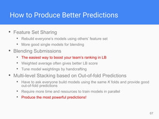67
How to Produce Better Predictions
• Feature Set Sharing
• Rebuild everyone’s models using others’ feature set
• More good single models for blending
• Blending Submissions
• The easiest way to boost your team’s ranking in LB
• Weighted average often gives better LB score
• Tune model weightings by handcrafting
• Multi-level Stacking based on Out-of-fold Predictions
• Have to ask everyone build models using the same K folds and provide good
out-of-fold predictions
• Require more time and resources to train models in parallel
• Produce the most powerful predictions!
 