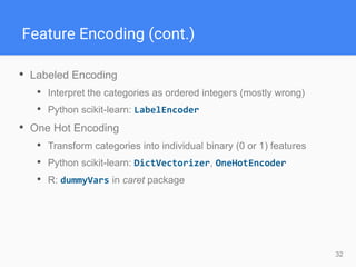 32
Feature Encoding (cont.)
• Labeled Encoding
• Interpret the categories as ordered integers (mostly wrong)
• Python scikit-learn: LabelEncoder
• One Hot Encoding
• Transform categories into individual binary (0 or 1) features
• Python scikit-learn: DictVectorizer, OneHotEncoder
• R: dummyVars in caret package
 
