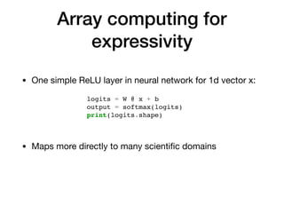 Array computing for
expressivity
• One simple ReLU layer in neural network for 1d vector x:
logits = W @ x + b
output = softmax(logits)
print(logits.shape)
• Maps more directly to many scientiﬁc domains
 
